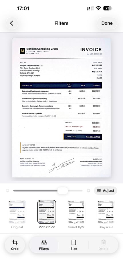ScanLens document filters showing Original, Rich Color, Smart Black and White, and Grayscale on an invoice