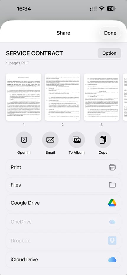 ScanLens sharing a nine-page PDF by email or Files from iPhone