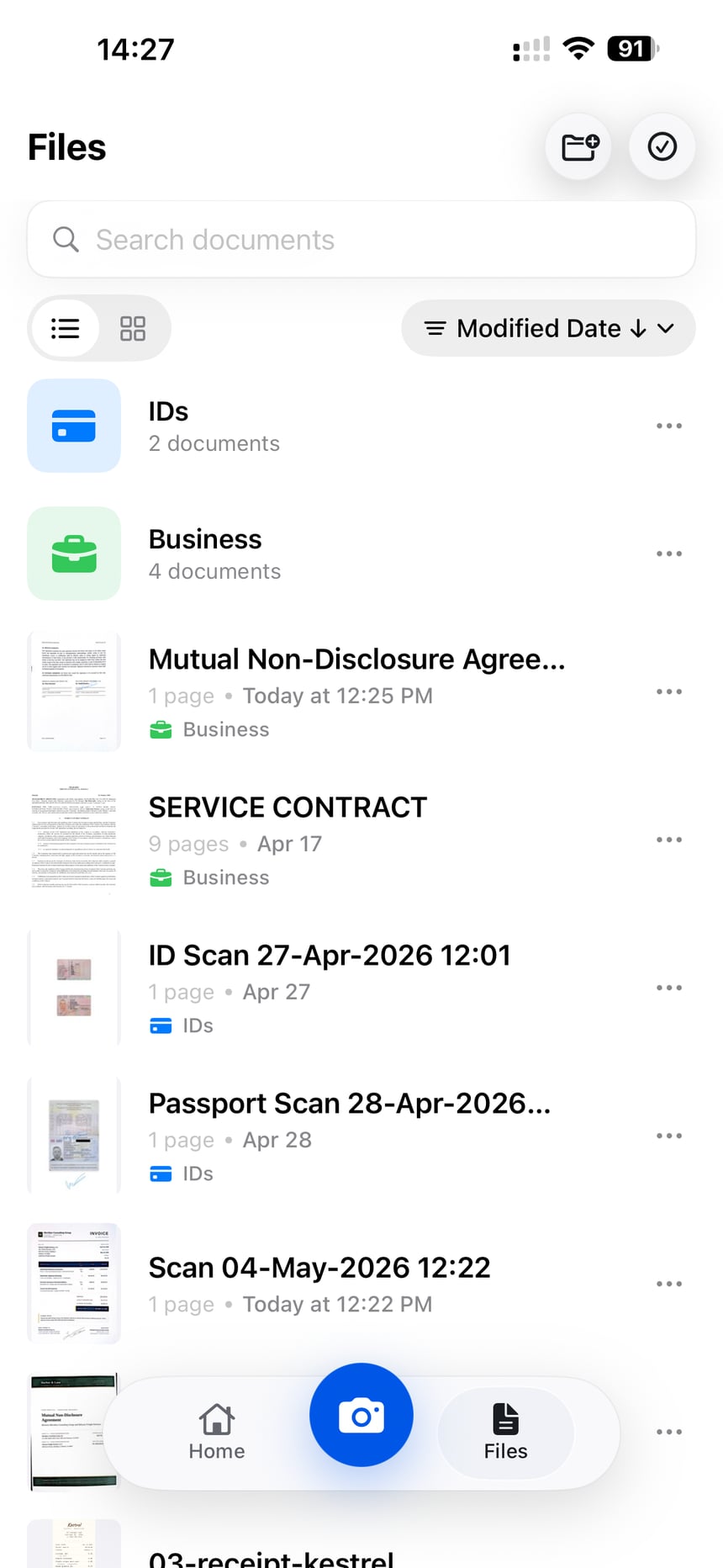Searching and organizing documents in ScanLens Files