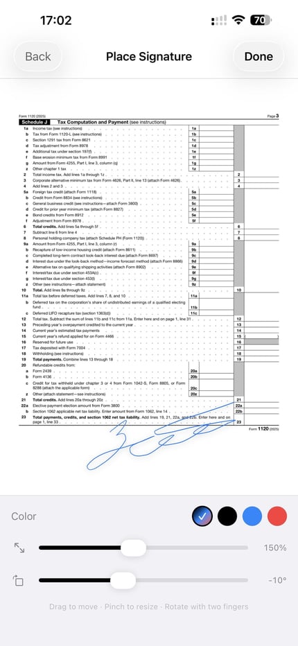 ScanLens placing a graphical signature on an imported PDF form on iPhone